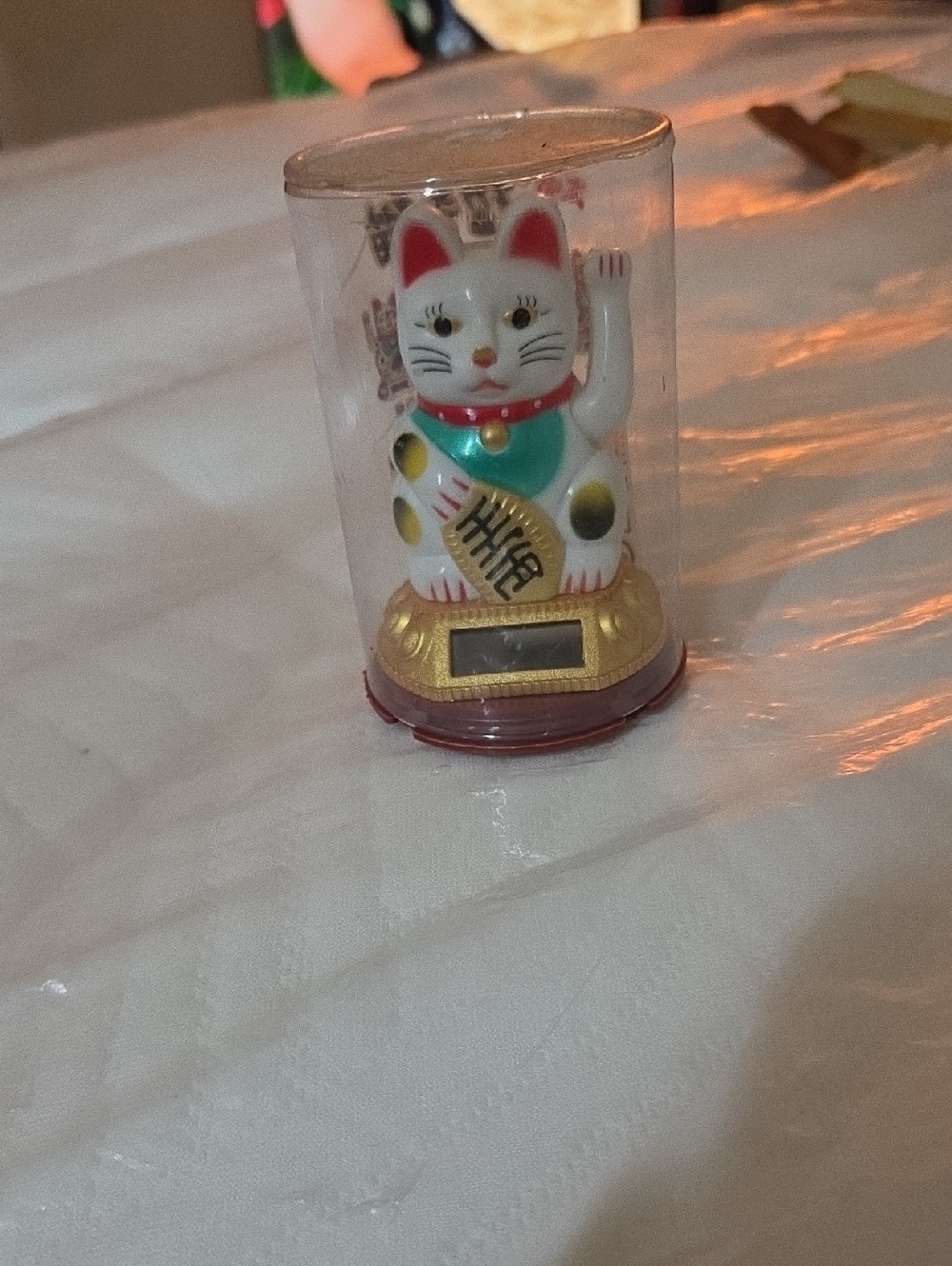 White Maneki Neko Waving Cat Figurine with Gold Base
